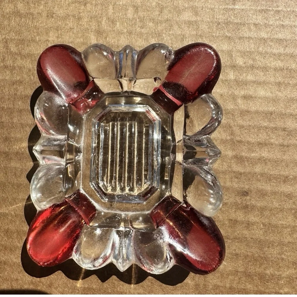 Vintage Ruby Stained Clear Glass Trinket Dish Ashtray